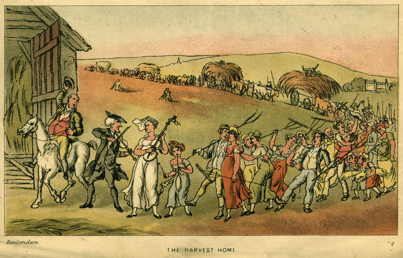 circa 1790: Dr Syntax joins labourers and farm workers bringing the ‘Harvest Home’. Original Artist: By Rowlandson. Photo via Getty Images.
